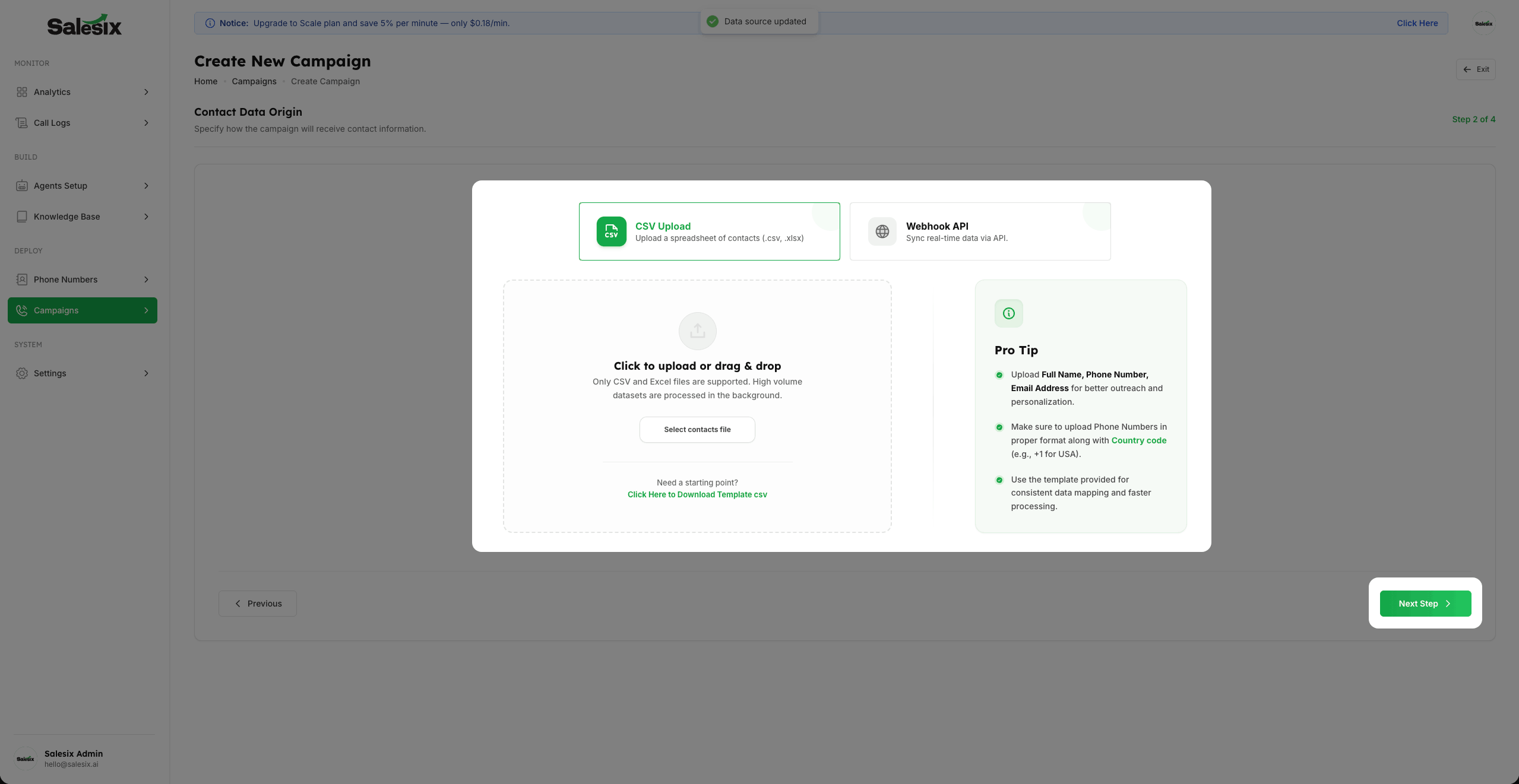 Data Source: CSV File Upload